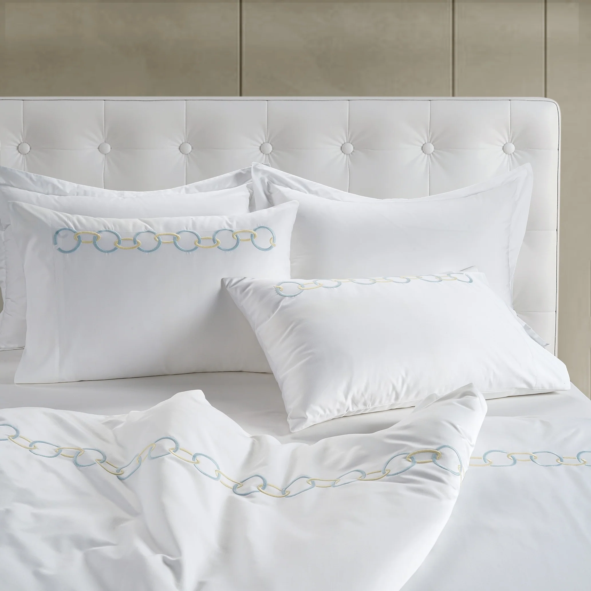 800 Thread Count Egyptian Cotton Benedict Bedding Set - White and Light Blue - Image 2