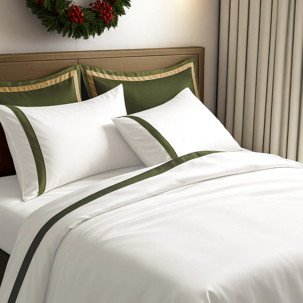 800 Thread Count Egyptian Cotton Heiress Bedding Set - White and Olive Green - Image 2