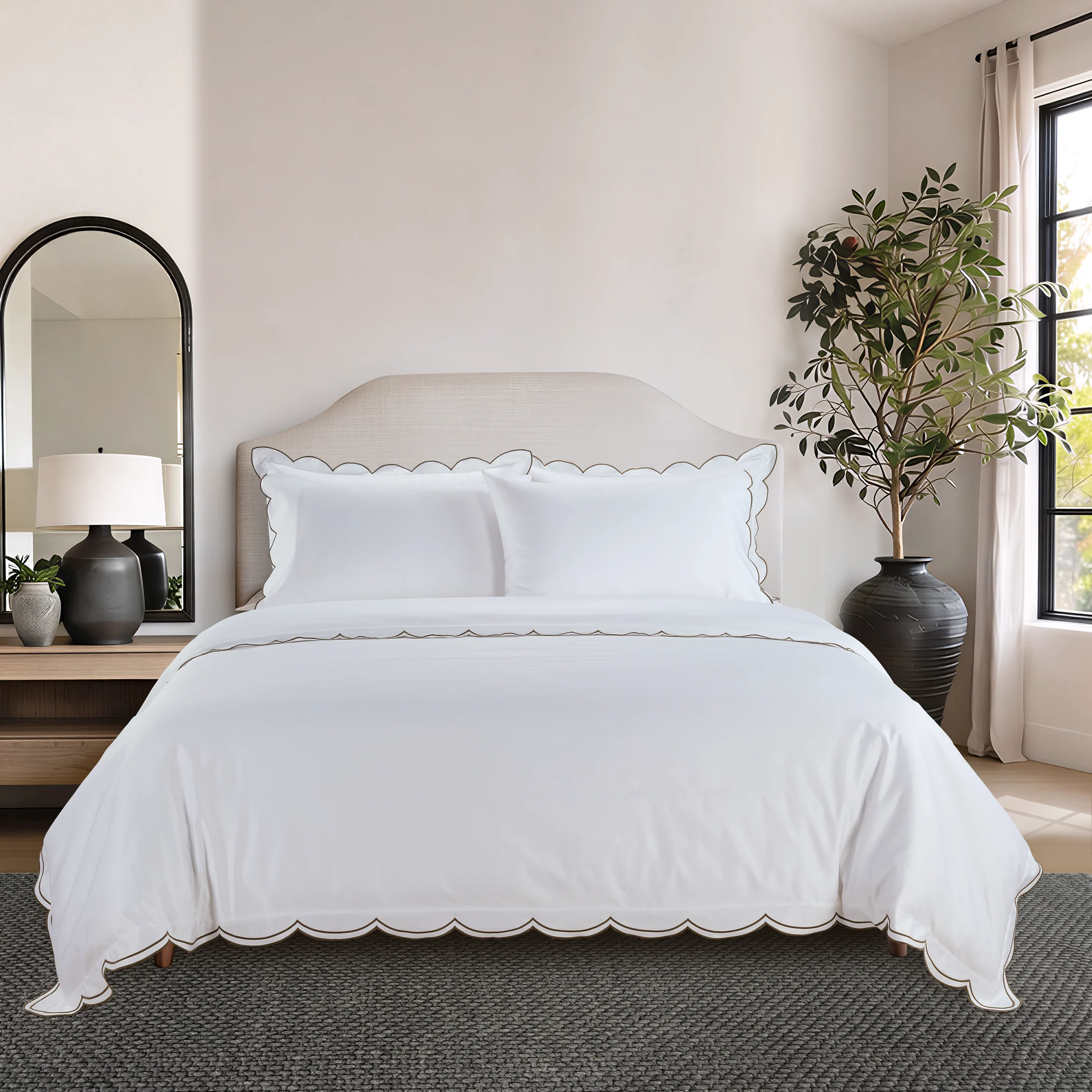 800 Thread Count Egyptian Cotton Sophie Bedding Set - Brilliant White and Olive Green - Image 2