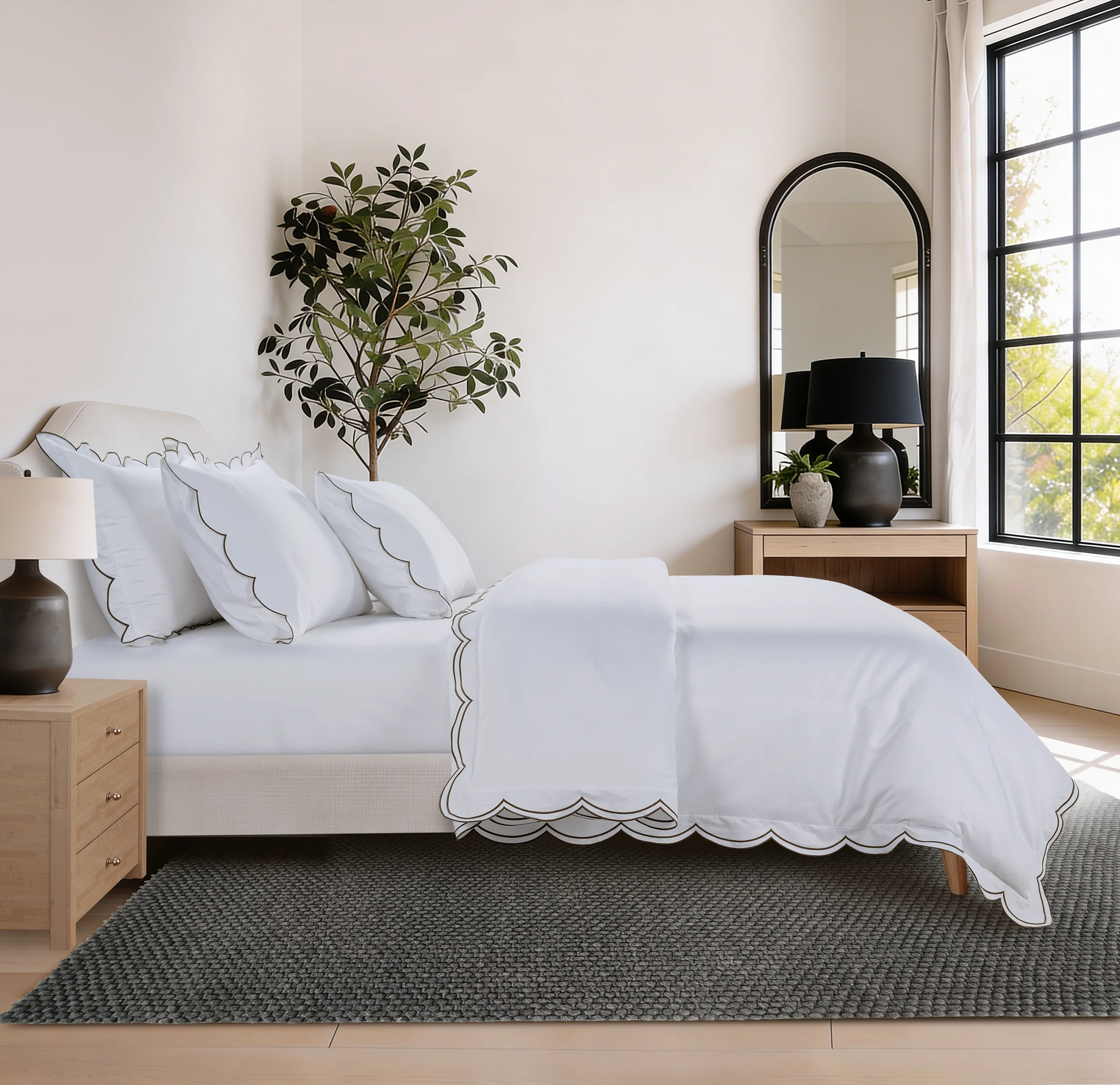 800 Thread Count Egyptian Cotton Sophie Bedding Set - Brilliant White and Olive Green - Image 4