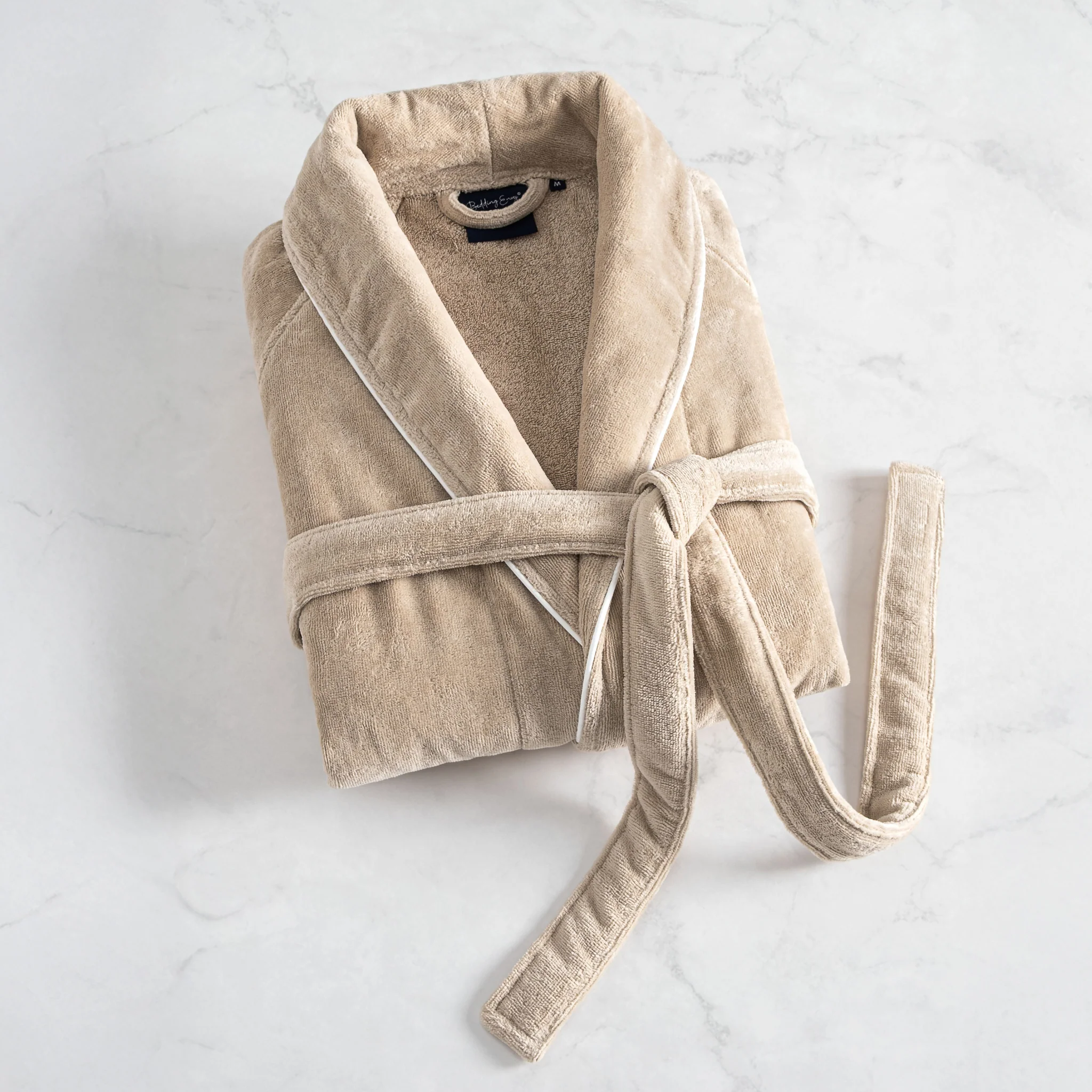 Harrow Cotton Bathrobe - Doeskin with White Pipping