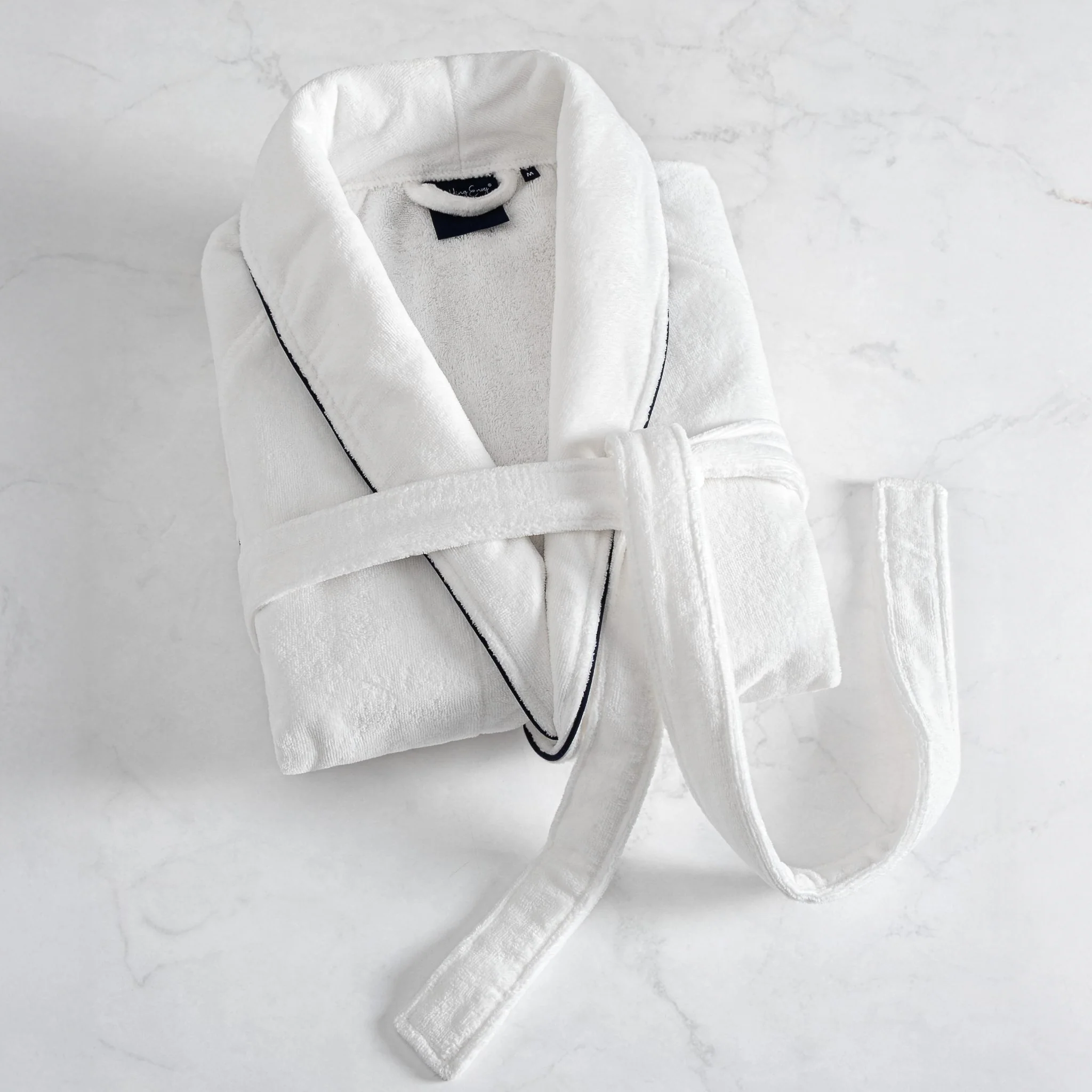 Harrow Cotton Bathrobe - White with Maritime Blue Pipping
