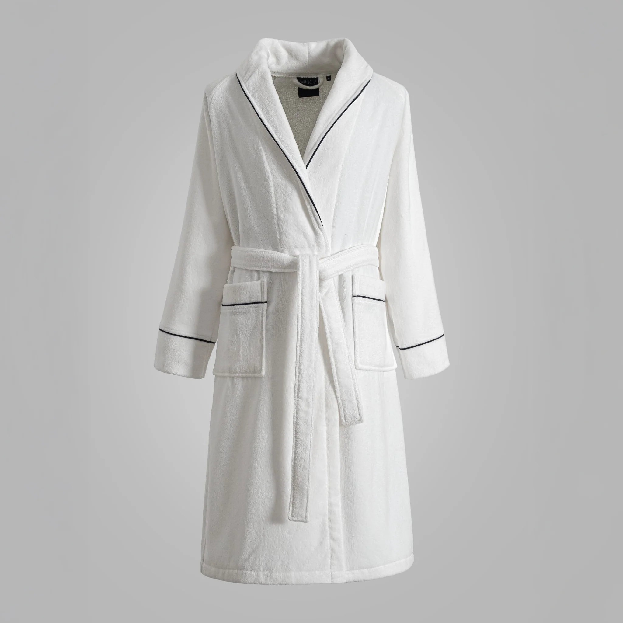 Harrow Cotton Bathrobe - White with Maritime Blue Pipping - Image 2